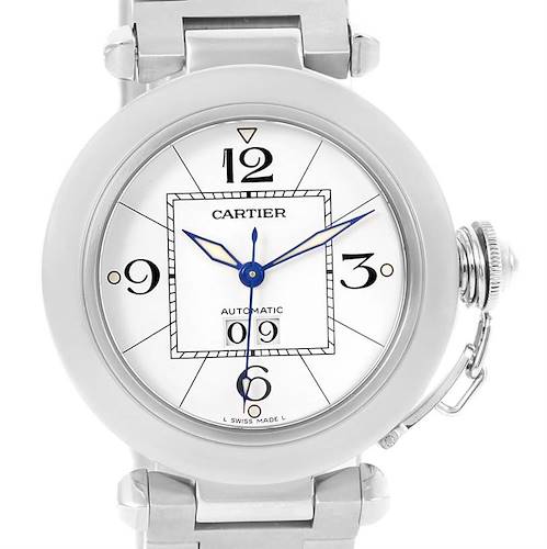 This image shows the front view of a Cartier Pasha watch, displaying the dial, hands, crown, and part of the bracelet.