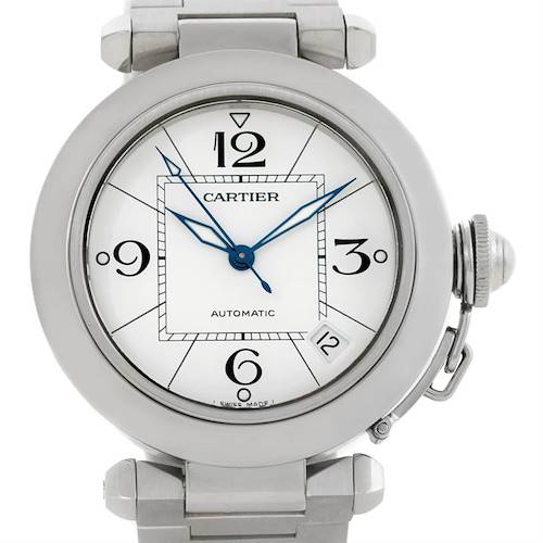 The Cartier Pasha watch is shown from a front angle, displaying the dial, hands, crown, and part of the bracelet.