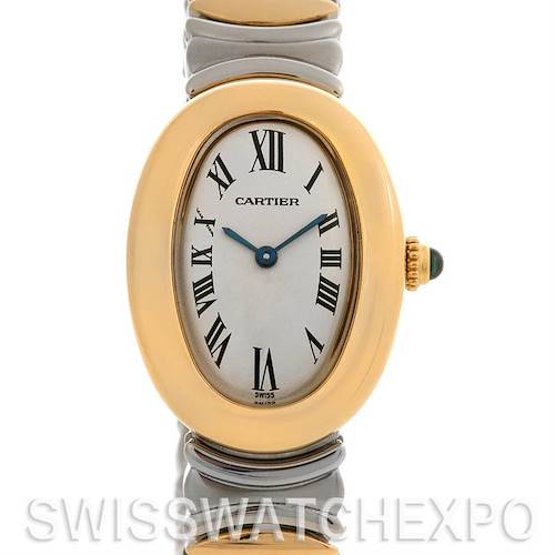 The image shows the face, bezel, and partial bracelet of the Cartier Baignoire watch at a front angle.