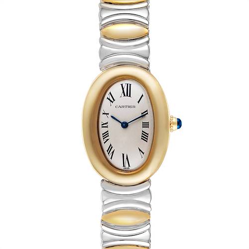 The Cartier Baignoire model watch is shown from a front angle, displaying its oval dial, bracelet, and crown.