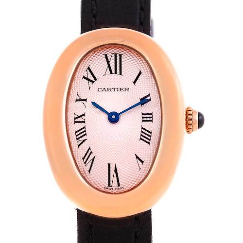 This image shows a front view of a Cartier Baignoire watch, highlighting the dial, Roman numerals, and black strap.