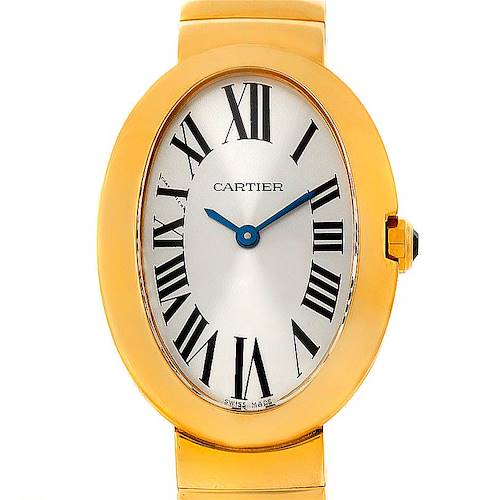 This image shows a Cartier Baignoire watch from a straight-on angle, featuring its face, bezel, and part of the strap.