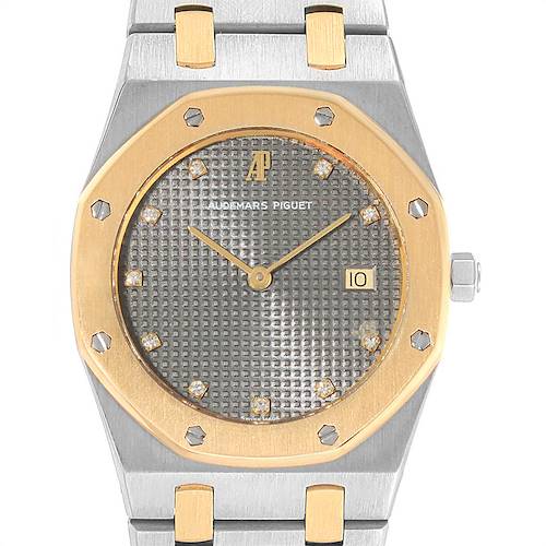 The image shows a frontal view of the Audemars Piguet Royal Oak watch, highlighting its dial, bezel, and part of the bracelet.