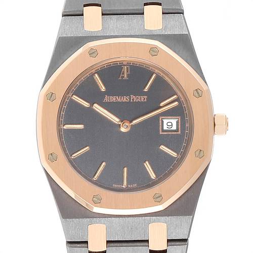 This image shows a front view of the Audemars Piguet Royal Oak watch, highlighting its dial, bezel, and bracelet.