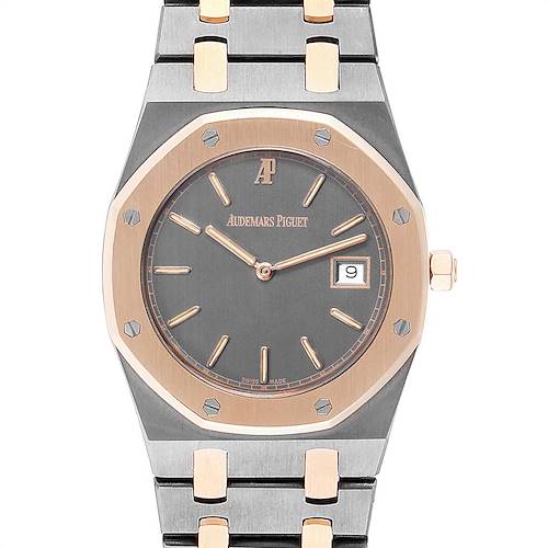 The image shows the front view of an Audemars Piguet Royal Oak watch, displaying the dial, bezel, crown, and part of the bracelet.