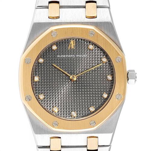 The image shows a front view of the Royal Oak model by Audemars Piguet, highlighting its dial, bezel, and part of the bracelet.