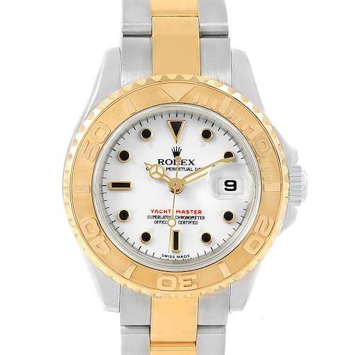 The image shows a front view of a Rolex Yacht-Master watch, highlighting its dial, bezel, and part of the bracelet.