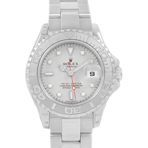 This image shows a Rolex Yacht-Master watch viewed from the front, displaying the dial, bezel, date, and bracelet.