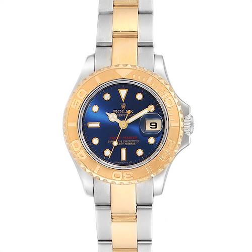 This image shows a Rolex Yacht-Master watch from a front angle, highlighting the face, bezel, and bracelet.