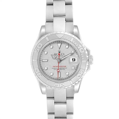 The image shows a front view of a Rolex Yacht-Master watch, highlighting its dial, bezel, bracelet, and date display.