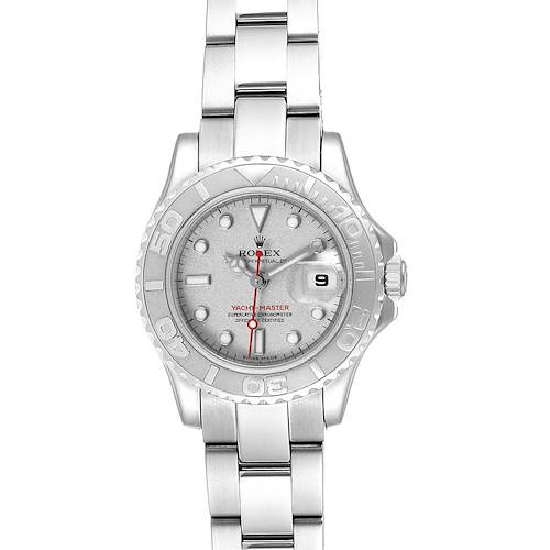 This image shows a front view of a Rolex Yacht-Master watch, displaying the dial, bezel, and bracelet.