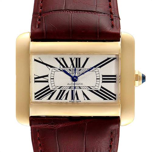 The image shows a close-up front view of the Cartier Tank Divan watch, highlighting its rectangular face and leather strap.