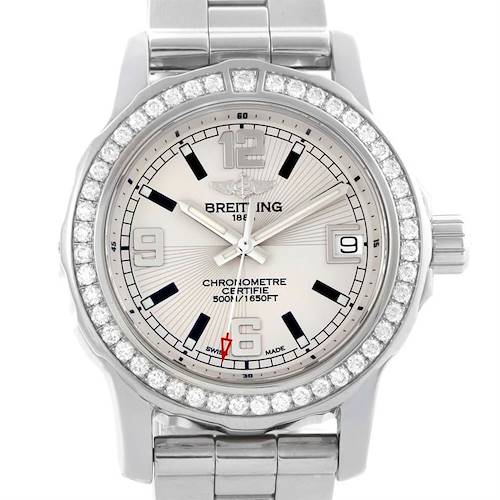 The image shows a front view of the Breitling Colt 33 Stainless Steel Diamond Ladies Watch A77387, highlighting the dial and diamond bezel.