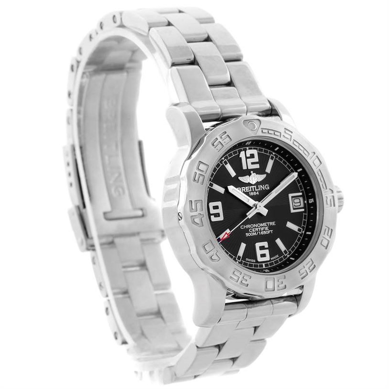 The Breitling Colt 33 A77380 watch is shown from a left-side angle, displaying the black dial, bezel, and stainless steel bracelet.