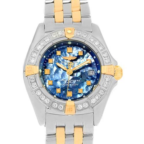 The image shows a front view of the Breitling Callisto Ladies Blue Mother of Pearl Diamond Watch B72345 model, highlighting its face and bracelet.