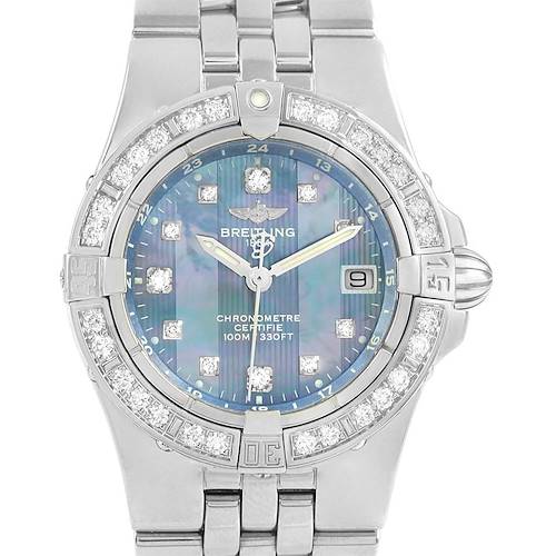 The image shows a front view of the Breitling Starliner Blue MOP Diamonds Ladies Watch A71340, highlighting its face, bezel, and bracelet.