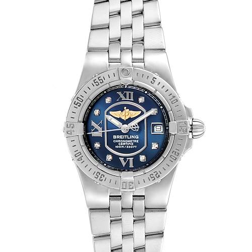 The image shows a frontal view of a Breitling Starliner Blue Diamond Dial Steel Ladies Watch A71340 model, displaying its face and bracelet.