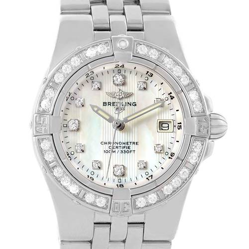 The image shows a front view of the dial and part of the strap of the Breitling Starliner Mother of Pearl Diamond Ladies Watch A71340.