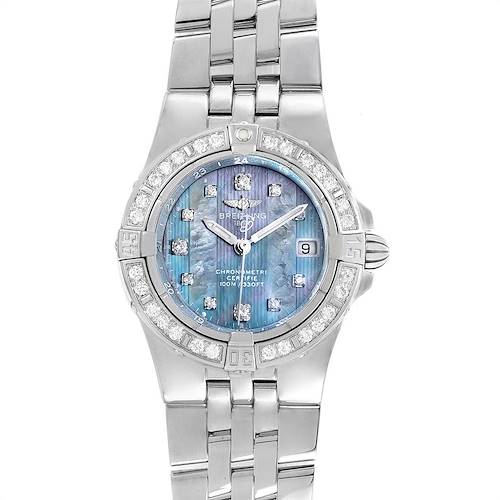This image showcases a front view of the Breitling Starliner Steel Mother of Pearl Diamond Ladies Watch A71340.
