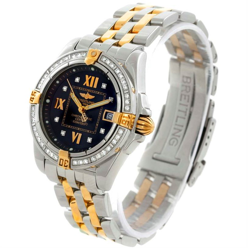 The Breitling Cockpit Ladies Steel 18K Yellow Gold Diamond Watch B71356 model is shown at an angle emphasizing the dial and bracelet.