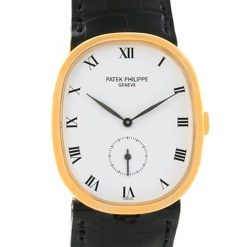 The image shows a front view of the Patek Philippe Golden Ellipse model, featuring its dial, hands, case, and strap.