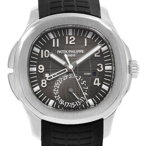 This image shows a front view of the Patek Philippe Aquanaut watch, highlighting the dial, hands, and black rubber strap.