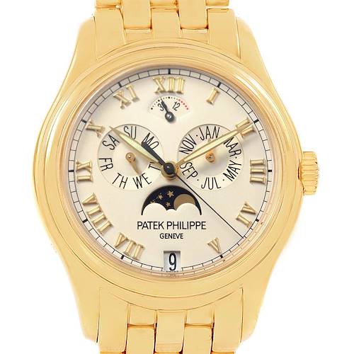 The image shows a front view of the Patek Philippe Annual Calendar Moonphase Yellow Gold Men's Watch 5036.