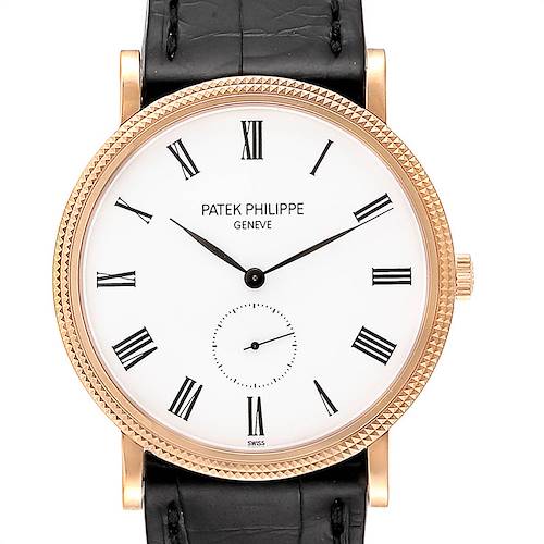 This image shows a front view of the Patek Philippe Calatrava watch, displaying its dial, bezel, and leather strap.