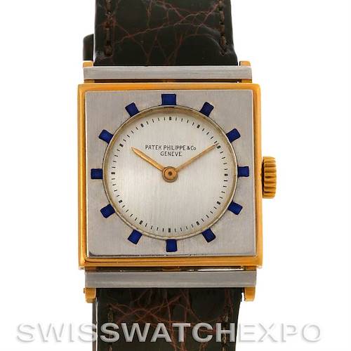 The image shows a front view of a Vintage Patek Philippe watch with a square case and leather strap.