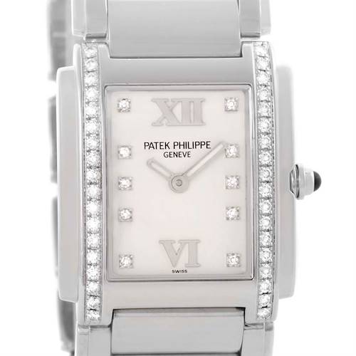 The image shows a front view of the Patek Philippe Twenty-4 watch, highlighting the face, Roman numerals, and diamond accents.