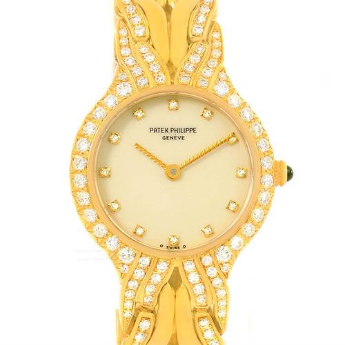 The image shows a front view of the La Flamme model by Patek Philippe, highlighting the dial and diamond-embellished bezel and bracelet.
