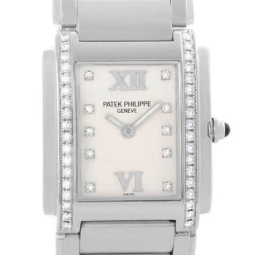 The image shows a front view of a Patek Philippe Twenty-4 watch, featuring a rectangular face and diamond accents.