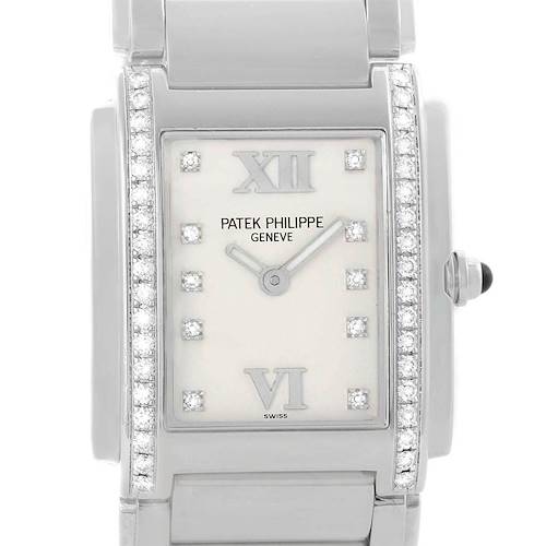 The image shows a front angle of the Patek Philippe Twenty-4's face, bezel with diamonds, and part of the bracelet.
