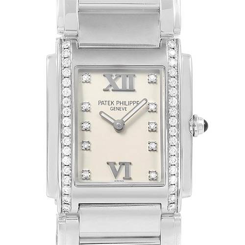 This image shows a close-up front view of the Patek Philippe Twenty-4 watch, highlighting its face and diamond decorations.