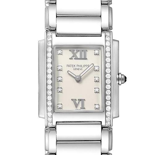 This image shows a front view of the Patek Philippe Twenty-4 model watch displaying its rectangular face, dial, and bracelet.