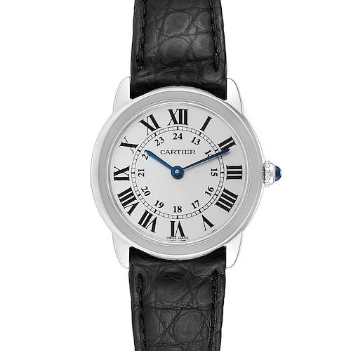 The image shows a front view of the Cartier Ronde model watch, displaying the dial, hands, bezel, and black leather strap.