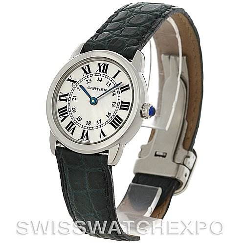 The image shows a side angle view of the Cartier Ronde model watch, displaying its face, Roman numeral dial, black leather strap, and clasp.