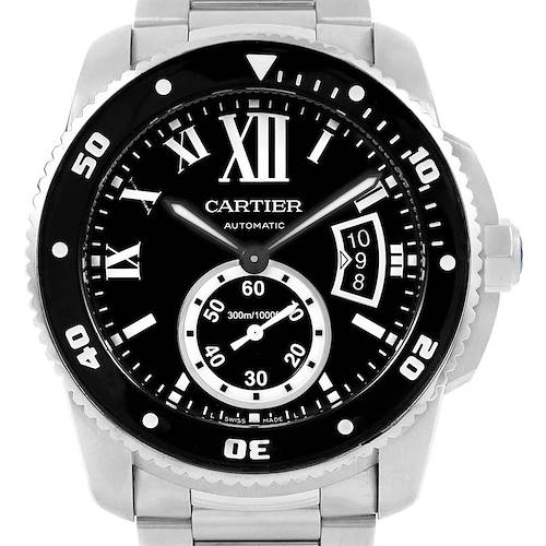 The image shows a front view of the Calibre de Cartier watch by Cartier, displaying its dial, bezel, and bracelet.