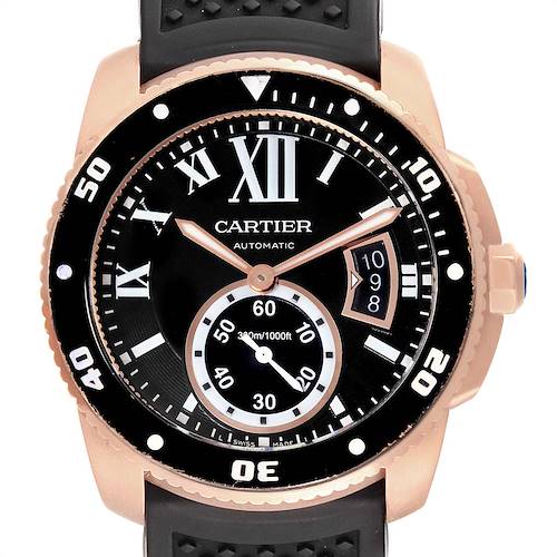 This image shows a front view of a Calibre de Cartier watch by Cartier, highlighting the dial, bezel, and watch hands.