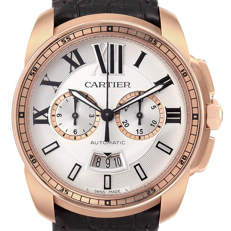 This is a front view of the Calibre de Cartier model by Cartier, showing the watch face, dial, and strap attachment.
