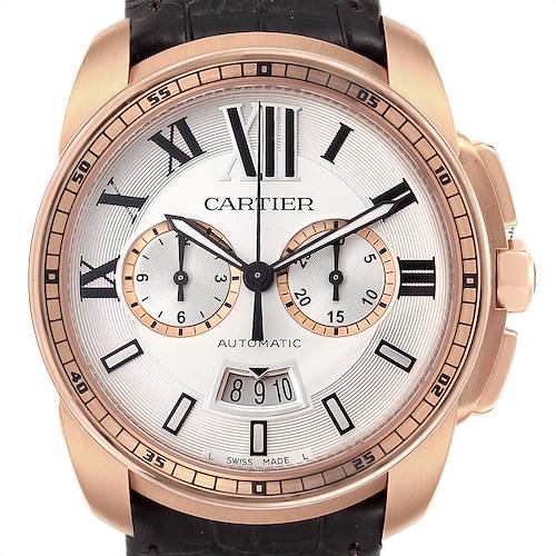 The image shows a frontal view of the Calibre de Cartier watch by Cartier, highlighting its dial and bezel.