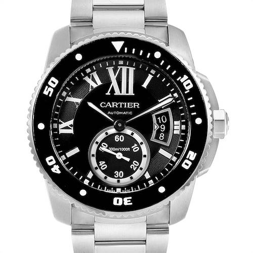This image shows a front view of the Calibre de Cartier watch by Cartier, detailing the dial and stainless steel bracelet.