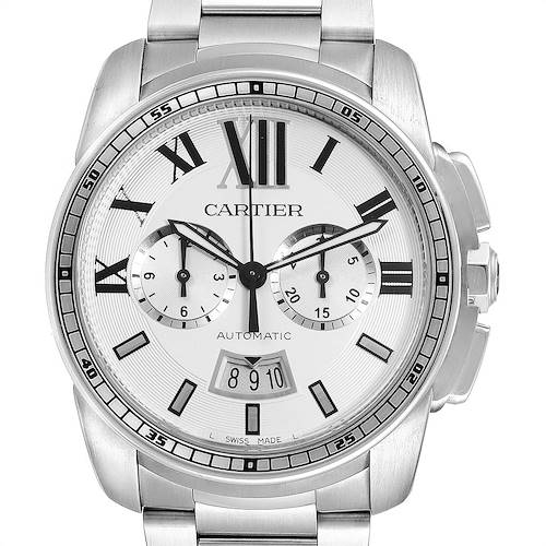 This is a head-on view of a Calibre de Cartier watch by Cartier, showing the face, dial, and part of the bracelet.