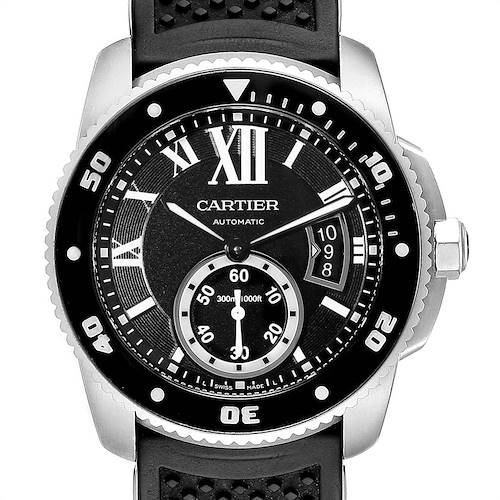 The image shows a frontal view of a Calibre de Cartier by Cartier, displaying the dial, bezel, and part of the strap.