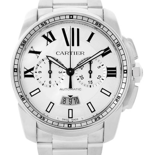 This front view of the Calibre de Cartier watch by Cartier shows the dial, sub-dials, hands, and part of the bracelet.