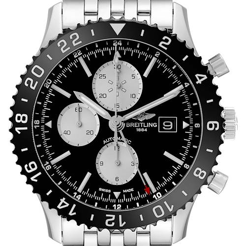 The Breitling Chronoliner watch is shown from the front, highlighting the bezel, dial, chronograph subdials, and date window.