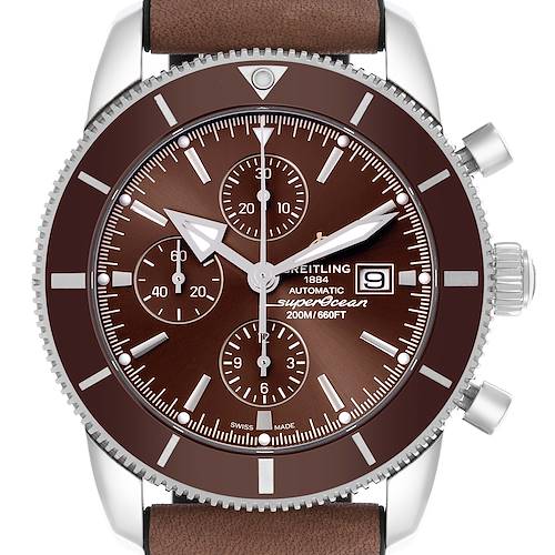 The Breitling Superocean watch is shown from the front, displaying the dial, bezel, pushers, and crown.