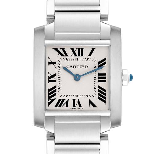 The Cartier Tank Francaise is shown from the front, displaying its square dial, Roman numerals, blue hands, and metal bracelet.