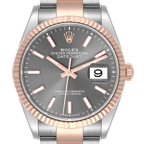 The Rolex Datejust is shown from a front angle, highlighting the dial, bezel, hands, markers, and date window.