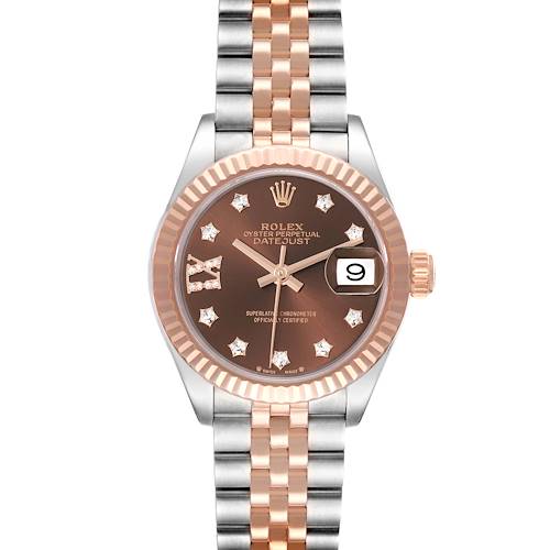 The Rolex Datejust watch is shown from a frontal angle, highlighting the dial, bezel, and bracelet.